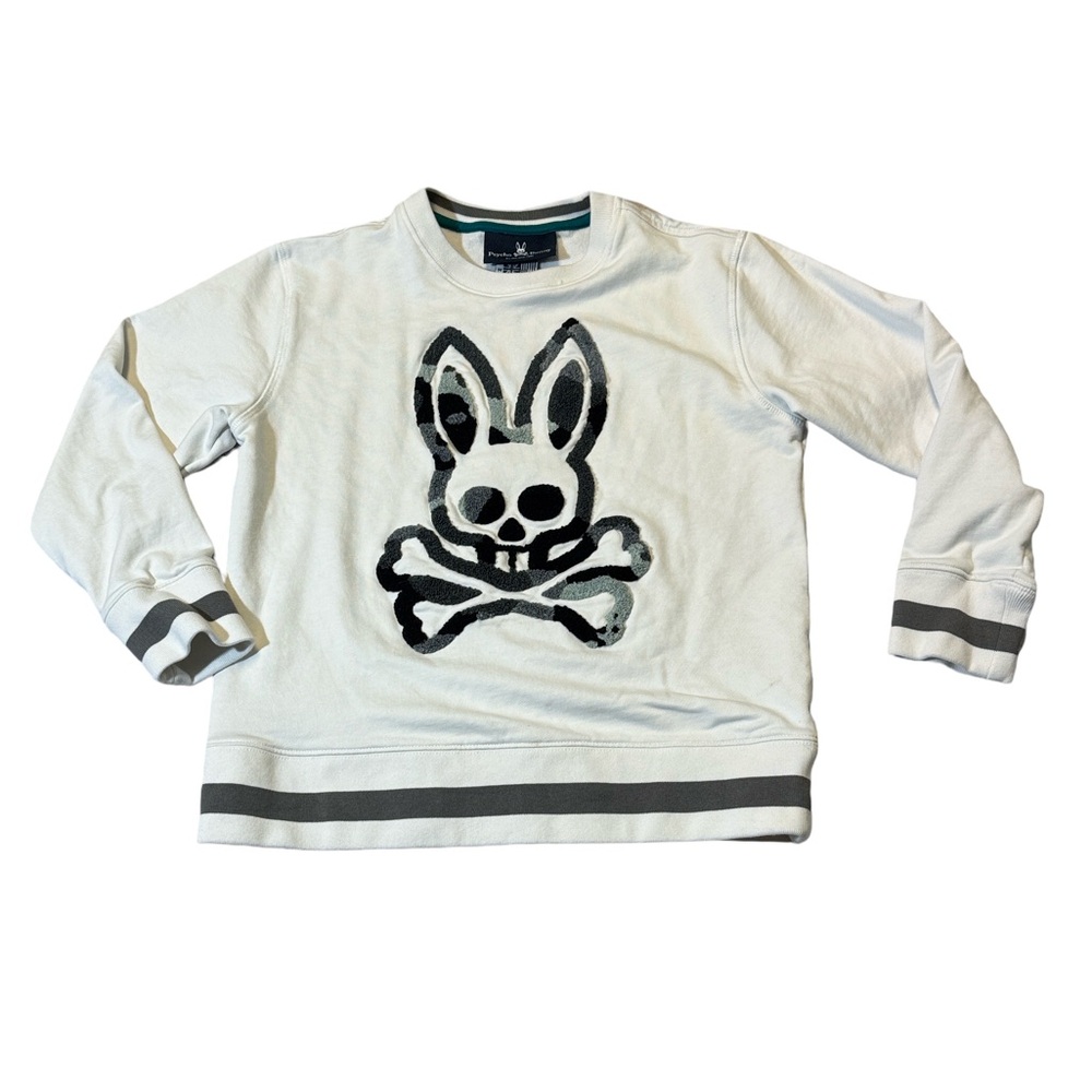 Psycho Bunny youth boys M Medium white crewneck cotton sweatshirt EUC